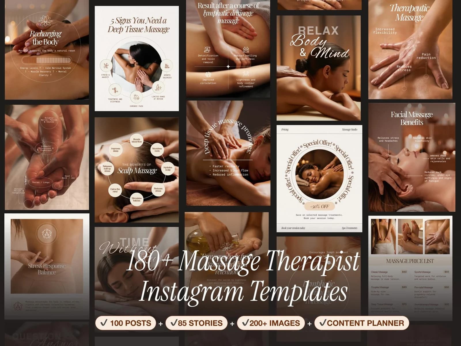 Massage therapist Instagram templates — listing overview